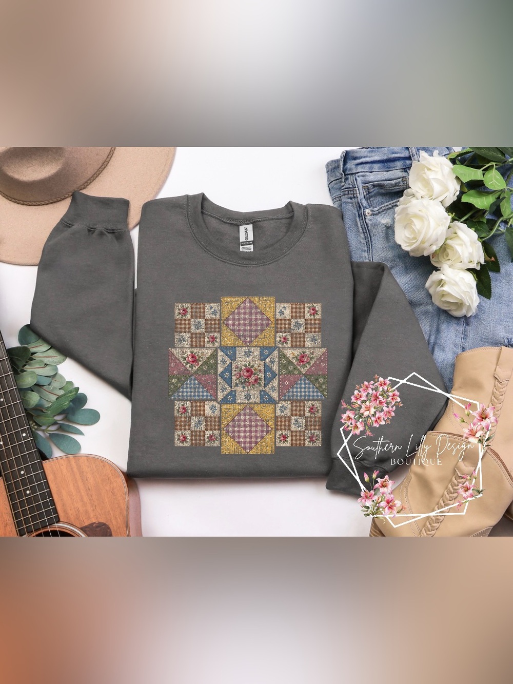 Charcoal Patchwork Quilted Print Sweatshirt
